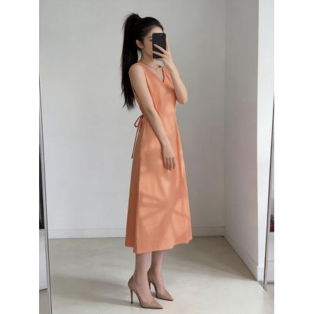 BY11679# 新款法式高端复古气质垂坠感女夏背心长裙法式橘色无袖连衣裙 服裝批發女裝批發服飾貨源