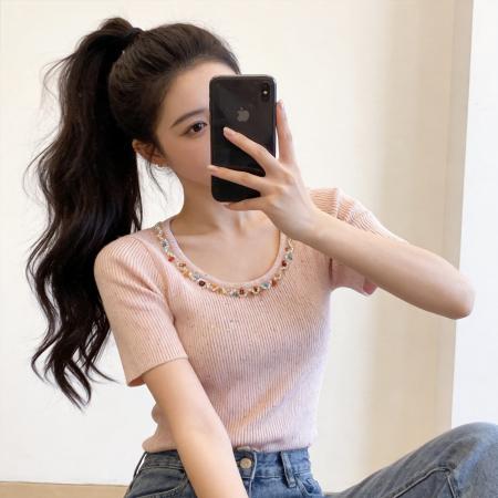 BY11680# 粉色杂点点镶钻领针织T恤夏季新款设计感小众温柔风上衣 服裝批發女裝批發服飾貨源