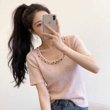 BY11680# 粉色杂点点镶钻领针织T恤夏季新款设计感小众温柔风上衣 服裝批發女裝批發服飾貨源