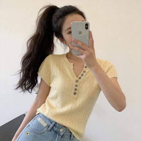 BY11681# 韩系半开领V领正肩短袖针织t恤女夏季新款修身显瘦打底衫上衣 服裝批發女裝批發服飾貨源