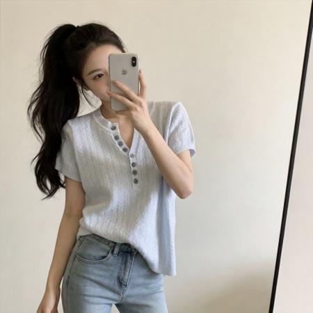BY11681# 韩系半开领V领正肩短袖针织t恤女夏季新款修身显瘦打底衫上衣 服裝批發女裝批發服飾貨源