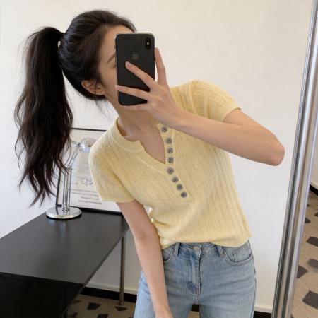 BY11681# 韩系半开领V领正肩短袖针织t恤女夏季新款修身显瘦打底衫上衣 服裝批發女裝批發服飾貨源