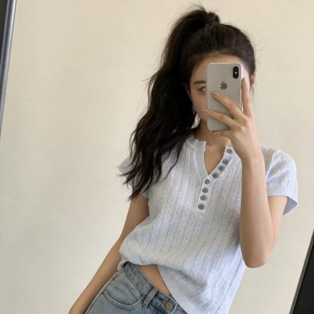 BY11681# 韩系半开领V领正肩短袖针织t恤女夏季新款修身显瘦打底衫上衣 服裝批發女裝批發服飾貨源