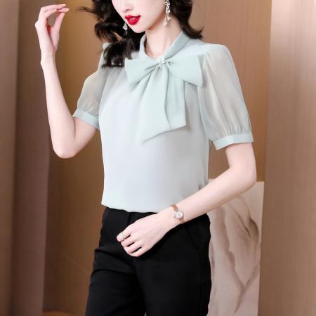 BY11682# 法式温柔蝴蝶结飘带短袖衬衫女装纯色夏季新款拼接袖职业通勤上衣 服裝批發女裝批發服飾貨源