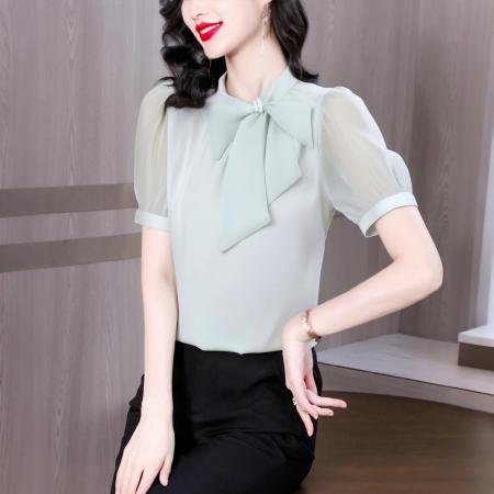 BY11682# 法式温柔蝴蝶结飘带短袖衬衫女装纯色夏季新款拼接袖职业通勤上衣 服裝批發女裝批發服飾貨源