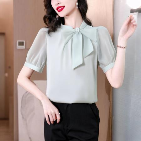 BY11682# 法式温柔蝴蝶结飘带短袖衬衫女装纯色夏季新款拼接袖职业通勤上衣 服裝批發女裝批發服飾貨源
