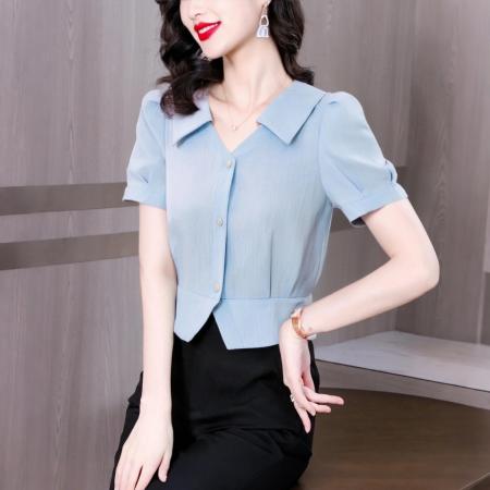BY11683# v领纯色修身穿搭收腰柔雾蓝泡泡袖显瘦衬衫夏季新款优雅减龄 服裝批發女裝批發服飾貨源