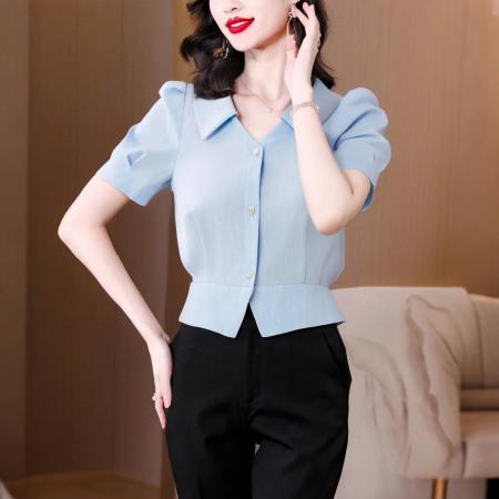 BY11683# v领纯色修身穿搭收腰柔雾蓝泡泡袖显瘦衬衫夏季新款优雅减龄 服裝批發女裝批發服飾貨源