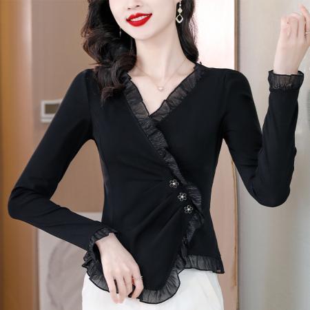 BY11684# 春新款黑色长袖打底衫女士时尚洋气T恤修身春秋显瘦荷叶边上衣 服裝批發女裝批發服飾貨源