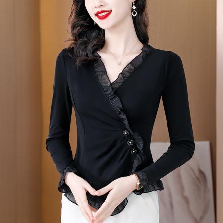 BY11684# 春新款黑色长袖打底衫女士时尚洋气T恤修身春秋显瘦荷叶边上衣 服裝批發女裝批發服飾貨源