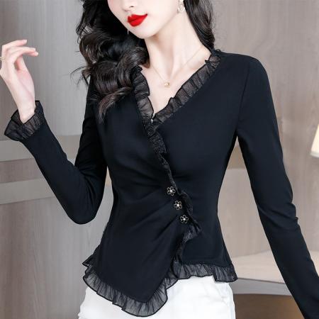BY11684# 春新款黑色长袖打底衫女士时尚洋气T恤修身春秋显瘦荷叶边上衣 服裝批發女裝批發服飾貨源