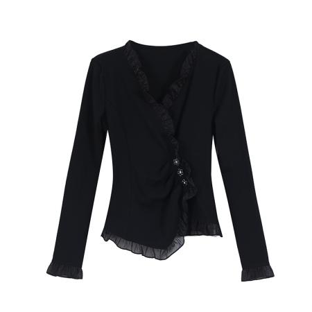 BY11684# 春新款黑色长袖打底衫女士时尚洋气T恤修身春秋显瘦荷叶边上衣 服裝批發女裝批發服飾貨源