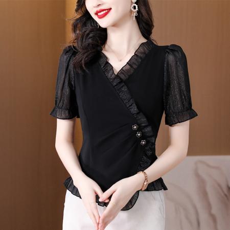 BY11685# 法式v黑色短袖t恤女士夏季新款荷叶边洋气减龄上衣不规则短款小衫 服裝批發女裝批發服飾貨源