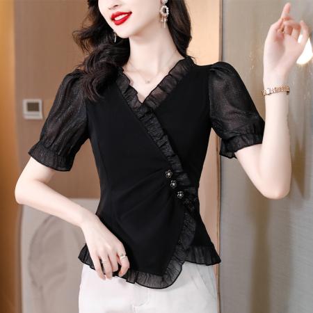 BY11685# 法式v黑色短袖t恤女士夏季新款荷叶边洋气减龄上衣不规则短款小衫 服裝批發女裝批發服飾貨源