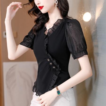 BY11685# 法式v黑色短袖t恤女士夏季新款荷叶边洋气减龄上衣不规则短款小衫 服裝批發女裝批發服飾貨源