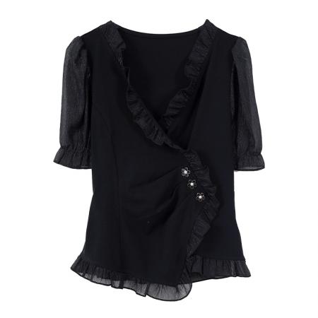 BY11685# 法式v黑色短袖t恤女士夏季新款荷叶边洋气减龄上衣不规则短款小衫 服裝批發女裝批發服飾貨源