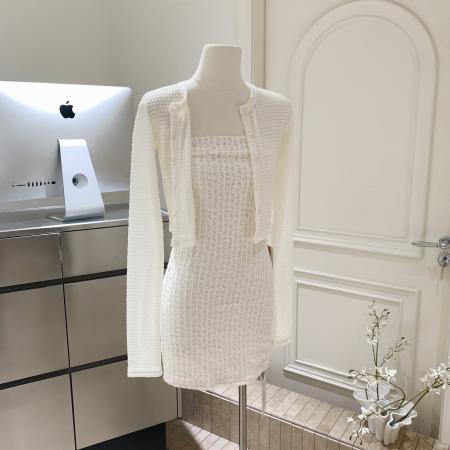 BY11688# 021ope原创氛围感约会连衣裙抹胸开衫套装收腰显瘦包臀裙温柔辣妹 服裝批發女裝批發服飾貨源