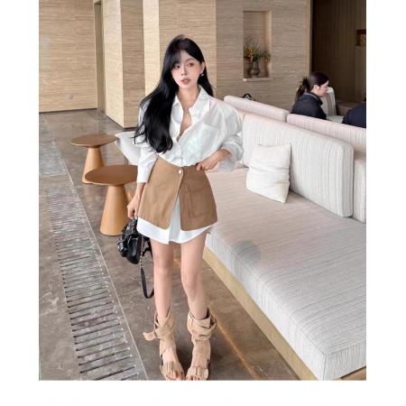 BY11691# 春季新款韩版时尚百搭显瘦镂空钩花衬衣+腰封两件套女 服裝批發女裝批發服飾貨源