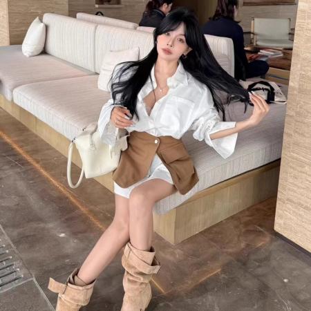 BY11691# 春季新款韩版时尚百搭显瘦镂空钩花衬衣+腰封两件套女 服裝批發女裝批發服飾貨源