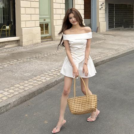 BY11692# 春夏新款气质条纹收腰显瘦一字肩上衣女半裙蓬蓬裙两件套 服裝批發女裝批發服飾貨源