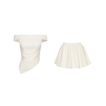 BY11692# 春夏新款气质条纹收腰显瘦一字肩上衣女半裙蓬蓬裙两件套 服裝批發女裝批發服飾貨源