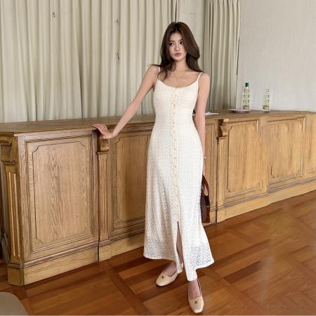 BY11693# 春夏新款法式复古低领蕾丝前开衩修身吊带长裙连衣裙女 服裝批發女裝批發服飾貨源