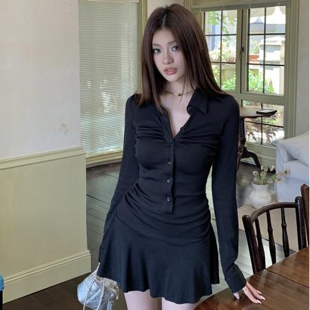 BY11695# 春装新款收腰褶皱短裙连衣裙女美式polo领收腰减龄伞裙潮 服裝批發女裝批發服飾貨源