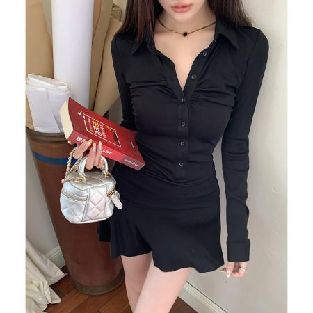 BY11695# 春装新款收腰褶皱短裙连衣裙女美式polo领收腰减龄伞裙潮 服裝批發女裝批發服飾貨源