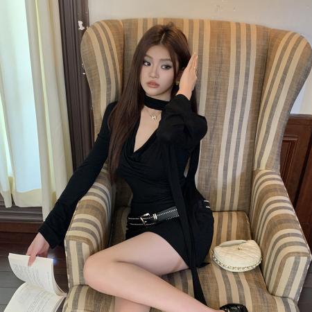 BY11696# 春装新款辣妹连衣裙女设计感荡领御姐风长袖黑色包臀短裙 服裝批發女裝批發服飾貨源