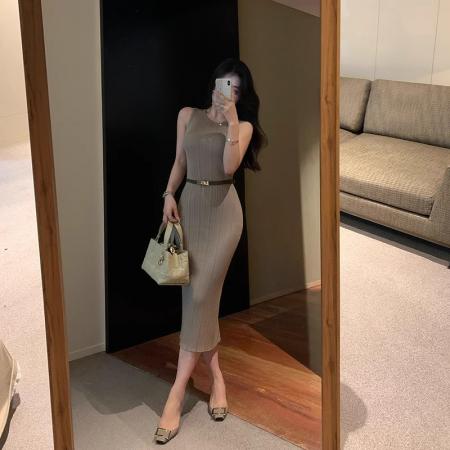 BY11709# 林关关温柔韩系气质修身无袖针织背心连衣裙包臀裙子法式收腰长裙 服裝批發女裝批發服飾貨源