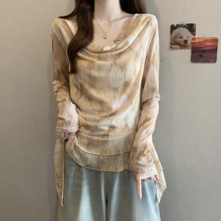 BY11712# 春夏新款大码女装长袖不规则下摆荡领衬衫胖MM渲染上衣女 服裝批發女裝批發服飾貨源