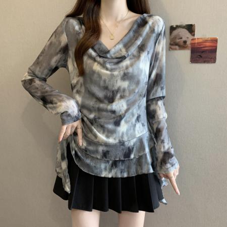 BY11712# 春夏新款大码女装长袖不规则下摆荡领衬衫胖MM渲染上衣女 服裝批發女裝批發服飾貨源