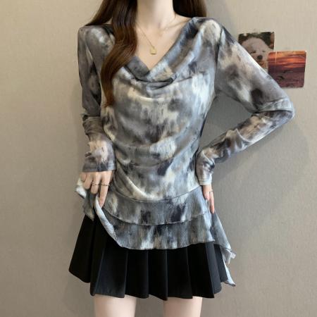 BY11712# 春夏新款大码女装长袖不规则下摆荡领衬衫胖MM渲染上衣女 服裝批發女裝批發服飾貨源