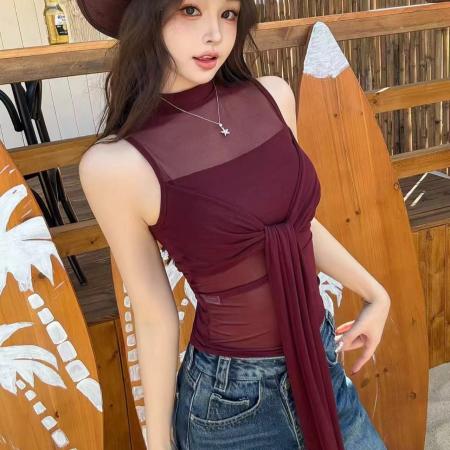 BY11713# 带胸垫纯欲纱网微透吊带背心女春季镂空性感辣妹扭结 服裝批發女裝批發服飾貨源