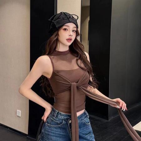 BY11713# 带胸垫纯欲纱网微透吊带背心女春季镂空性感辣妹扭结 服裝批發女裝批發服飾貨源