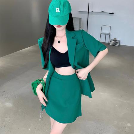 BY11714# 夏多巴胺穿搭绿色西装套装女夏季短袖西服高腰A字裙两件套 服裝批發女裝批發服飾貨源