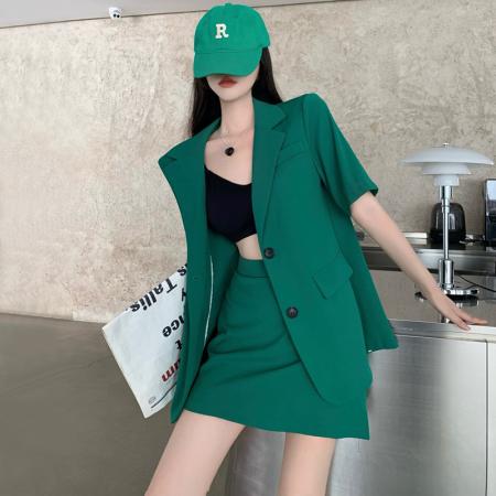BY11714# 夏多巴胺穿搭绿色西装套装女夏季短袖西服高腰A字裙两件套 服裝批發女裝批發服飾貨源