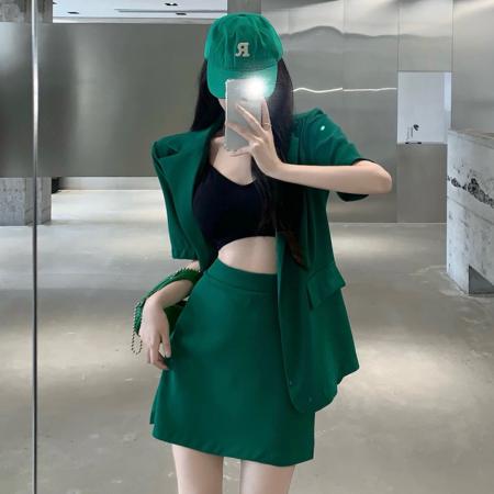 BY11714# 夏多巴胺穿搭绿色西装套装女夏季短袖西服高腰A字裙两件套 服裝批發女裝批發服飾貨源