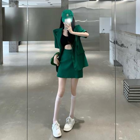 BY11714# 夏多巴胺穿搭绿色西装套装女夏季短袖西服高腰A字裙两件套 服裝批發女裝批發服飾貨源