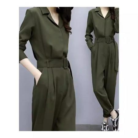 BY11716# 绿色连体裤女春秋新款高腰显瘦垂感长裤工装小脚连衣裤套装潮新式 服裝批發女裝批發服飾貨源