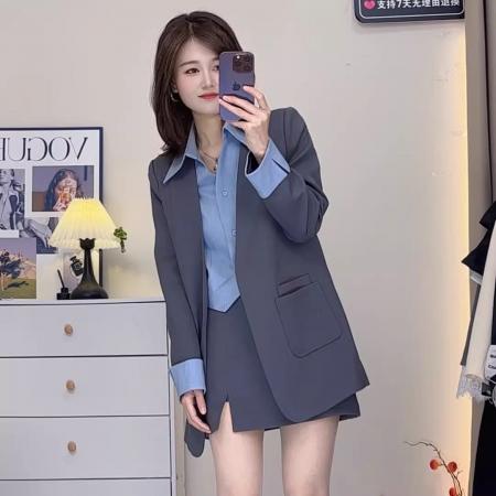 BY11718# 假两件西装V领长袖秋季女装新款时尚显瘦休闲两件套 服裝批發女裝批發服飾貨源