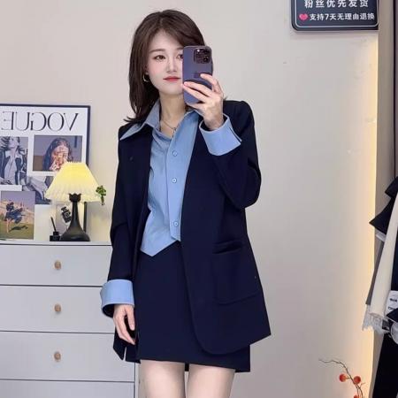 BY11718# 假两件西装V领长袖秋季女装新款时尚显瘦休闲两件套 服裝批發女裝批發服飾貨源