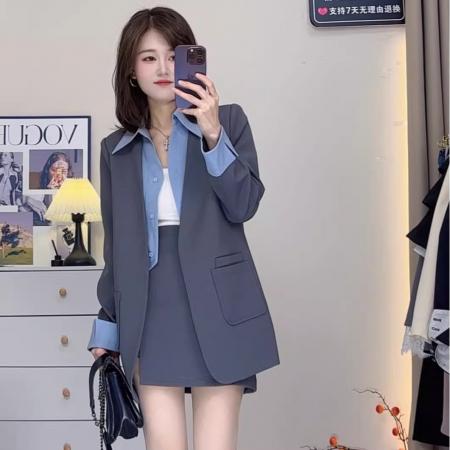 BY11718# 假两件西装V领长袖秋季女装新款时尚显瘦休闲两件套 服裝批發女裝批發服飾貨源