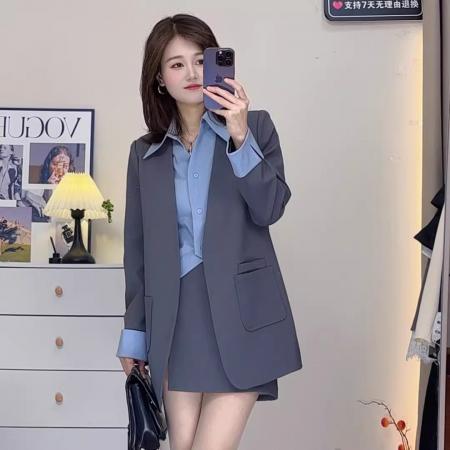 BY11718# 假两件西装V领长袖秋季女装新款时尚显瘦休闲两件套 服裝批發女裝批發服飾貨源