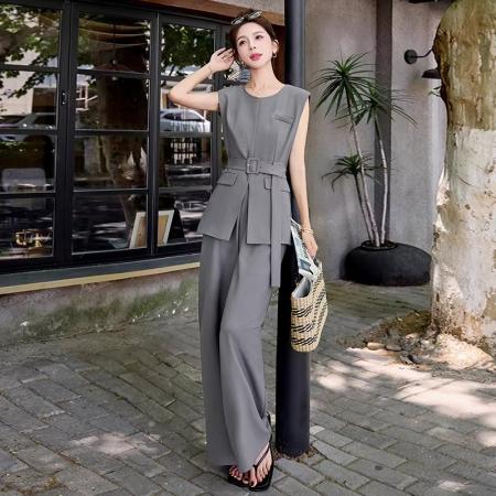 BY11719# 时尚套装女夏季新款高级感韩系职业气质无袖西装阔腿裤两件套 服裝批發女裝批發服飾貨源