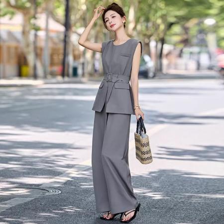 BY11719# 时尚套装女夏季新款高级感韩系职业气质无袖西装阔腿裤两件套 服裝批發女裝批發服飾貨源