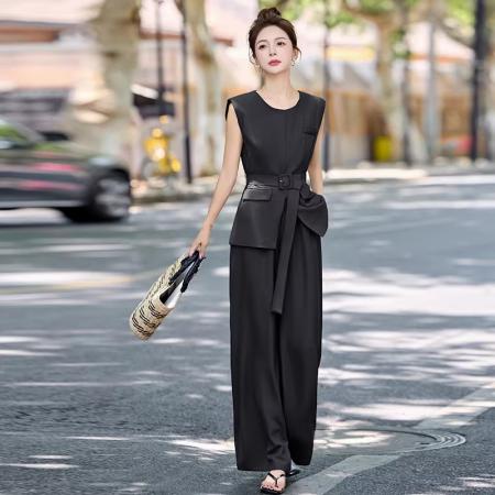 BY11719# 时尚套装女夏季新款高级感韩系职业气质无袖西装阔腿裤两件套 服裝批發女裝批發服飾貨源