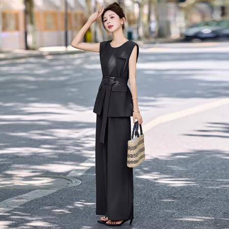 BY11719# 时尚套装女夏季新款高级感韩系职业气质无袖西装阔腿裤两件套 服裝批發女裝批發服飾貨源