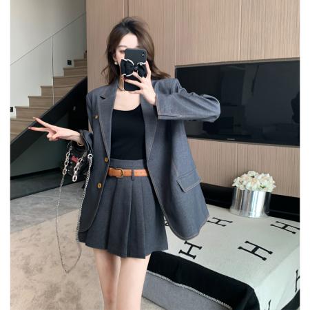BY11722# 秋装新款通勤休闲牛仔西服外套A字半身裙两件套装女 服裝批發女裝批發服飾貨源