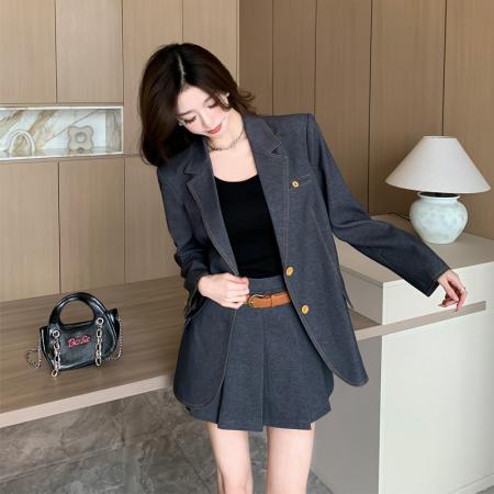 BY11722# 秋装新款通勤休闲牛仔西服外套A字半身裙两件套装女 服裝批發女裝批發服飾貨源